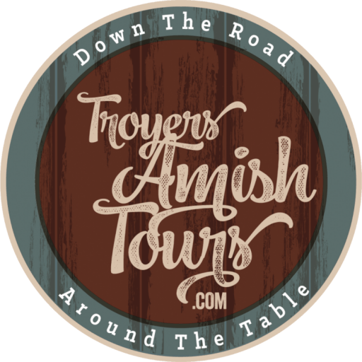 A brown circle with the words " Troyers amish tours ".