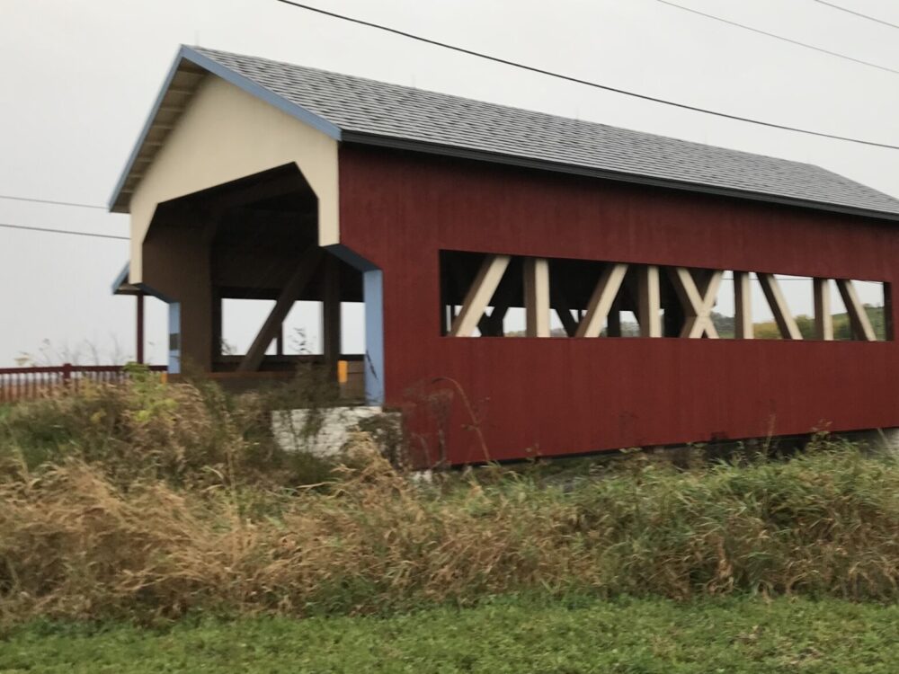 A red covered bridge sitting in the middle of a field.